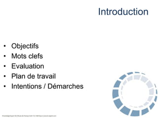 Introduction

•
•
•
•
•

Objectifs
Mots clefs
Evaluation
Plan de travail
Intentions / Démarches

 