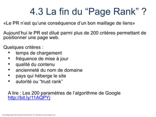 4.3 La fin du “Page Rank” ?
«Le PR n’est qu’une conséquence d’un bon maillage de liens»
Aujourd’hui le PR est dilué parmi plus de 200 critères permettant de
positionner une page web.
Quelques critères :
• temps de chargement
• fréquence de mise à jour
• qualité du contenu
• ancienneté du nom de domaine
• pays qui héberge le site
• autorité ou “trust rank”
A lire : Les 200 paramètres de l’algorithme de Google
http://bit.ly/11AQPYj

 