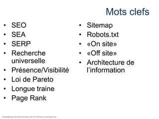 Mots clefs
•
•
•
•
•
•
•
•

SEO
SEA
SERP
Recherche
universelle
Présence/Visibilité
Loi de Pareto
Longue traine
Page Rank

•
•
•
•
•

Sitemap
Robots.txt
«On site»
«Off site»
Architecture de
l’information

 