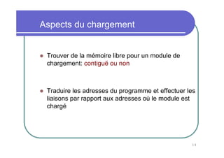 Aspects du chargement


 Trouver de la mémoire libre pour un module de
 chargement: contiguë ou non



 Traduire les adresses du programme et effectuer les
 liaisons par rapport aux adresses où le module est
 chargé




                                                  14
 