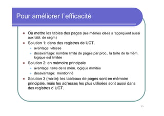 Pour améliorer l`efficacité

    Où mettre les tables des pages (les mêmes idées s ’appliquent aussi
    aux tabl. de segm)
    Solution 1: dans des registres de UCT.
       avantage: vitesse
       désavantage: nombre limité de pages par proc., la taille de la mém.
       logique est limitée
    Solution 2: en mémoire principale
       avantage: taille de la mém. logique illimitée
       désavantage: mentionné
    Solution 3 (mixte): les tableaux de pages sont en mémoire
    principale, mais les adresses les plus utilisées sont aussi dans
    des registres d`UCT.



                                                                             55
 