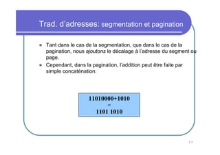 Trad. d’adresses: segmentation et pagination

  Tant dans le cas de la segmentation, que dans le cas de la
  pagination, nous ajoutons le décalage à l’adresse du segment ou
  page.
  Cependant, dans la pagination, l’addition peut être faite par
  simple concaténation:




                   11010000+1010
                           =
                      1101 1010



                                                             53
 
