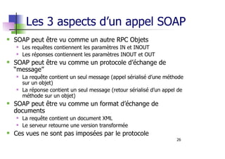 26
Les 3 aspects d’un appel SOAP
SOAP peut être vu comme un autre RPC Objets
Les requêtes contiennent les paramètres IN et INOUT
Les réponses contiennent les paramètres INOUT et OUT
SOAP peut être vu comme un protocole d’échange de
“message”
La requête contient un seul message (appel sérialisé d’une méthode
sur un objet)
La réponse contient un seul message (retour sérialisé d’un appel de
méthode sur un objet)
SOAP peut être vu comme un format d’échange de
documents
La requête contient un document XML
Le serveur retourne une version transformée
Ces vues ne sont pas imposées par le protocole
 