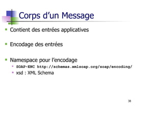 38
Corps d’un Message
Contient des entrées applicatives
Encodage des entrées
Namespace pour l’encodage
SOAP-ENC http://schemas.xmlsoap.org/soap/encoding/
xsd : XML Schema
 