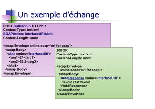 52
Un exemple d’échange
POST /path/foo.pl HTTP/1.1
Content-Type: text/xml
SOAPAction: interfaceURI#Add
Content-Length: nnnn
<soap:Envelope xmlns:soap=‘uri for soap’>
<soap:Body>
<Add xmlns=‘interfaceURI’>
<arg1>24</arg1>
<arg2>53.2</arg2>
</Add>
</soap:Body>
</soap:Envelope>
200 OK
Content-Type: text/xml
Content-Length: nnnn
<soap:Envelope
xmlns:soap=‘uri for soap’>
<soap:Body>
<AddResponse xmlns=‘interfaceURI’ >
<sum>77.2</sum>
</AddResponse>
</soap:Body>
</soap:Envelope>
 