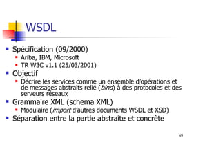 69
WSDL
Spécification (09/2000)
Ariba, IBM, Microsoft
TR W3C v1.1 (25/03/2001)
Objectif
Décrire les services comme un ensemble d’opérations et
de messages abstraits relié (bind) à des protocoles et des
serveurs réseaux
Grammaire XML (schema XML)
Modulaire (import d’autres documents WSDL et XSD)
Séparation entre la partie abstraite et concrète
 
