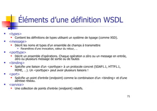 71
Éléments d’une définition WSDL
<types>
Contient les définitions de types utilisant un système de typage (comme XSD).
<message>
Décrit les noms et types d’un ensemble de champs à transmettre
Paramètres d’une invocation, valeur du retour, …
<porttype>
Décrit un ensemble d’opérations. Chaque opération a zéro ou un message en entrée,
zéro ou plusieurs message de sortie ou de fautes
<binding>
Spécifie une liaison d’un <porttype> à un protocole concret (SOAP1.1, HTTP1.1,
MIME, …). Un <porttype> peut avoir plusieurs liaisons !
<port>
Spécifie un point d’entrée (endpoint) comme la combinaison d’un <binding> et d’une
adresse réseau.
<service>
Une collection de points d’entrée (endpoint) relatifs.
 