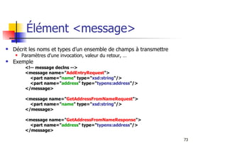 73
Élément <message>
Décrit les noms et types d’un ensemble de champs à transmettre
Paramètres d’une invocation, valeur du retour, …
Exemple
<!-- message declns -->
<message name="AddEntryRequest">
<part name="name" type="xsd:string"/>
<part name="address" type="typens:address"/>
</message>
<message name="GetAddressFromNameRequest">
<part name="name" type="xsd:string"/>
</message>
<message name="GetAddressFromNameResponse">
<part name="address" type="typens:address"/>
</message>
 