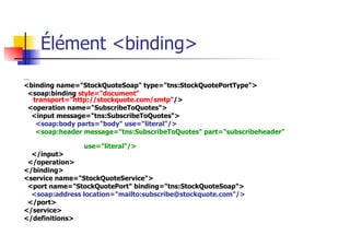78
Élément <binding>
…
<binding name="StockQuoteSoap" type="tns:StockQuotePortType">
<soap:binding style="document"
transport="http://stockquote.com/smtp"/>
<operation name="SubscribeToQuotes">
<input message="tns:SubscribeToQuotes">
<soap:body parts="body" use="literal"/>
<soap:header message="tns:SubscribeToQuotes" part="subscribeheader"
use="literal"/>
</input>
</operation>
</binding>
<service name="StockQuoteService">
<port name="StockQuotePort" binding="tns:StockQuoteSoap">
<soap:address location="mailto:subscribe@stockquote.com"/>
</port>
</service>
</definitions>
 