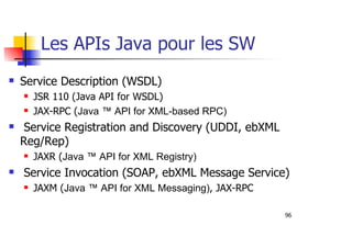 96
Les APIs Java pour les SW
Service Description (WSDL)
JSR 110 (Java API for WSDL)
JAX-RPC (Java ™ API for XML-based RPC)
Service Registration and Discovery (UDDI, ebXML
Reg/Rep)
JAXR (Java ™ API for XML Registry)
Service Invocation (SOAP, ebXML Message Service)
JAXM (Java ™ API for XML Messaging), JAX-RPC
 