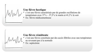 Une fièvre hectique
• c’est une fièvre caractérisée par de grandes oscillations de
température avec 37°c – 37,5°c le matin et 41,5°c le soir
• Ex: fièvre médicamenteuse
Une fièvre rémittente
• c’est une fièvre constituée par des accès fébriles avec une température
ne revenant pas à la normale
• Ex: septicémie
 