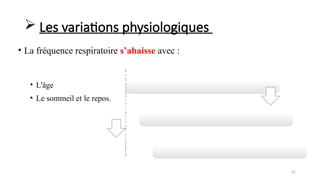 61
• La fréquence respiratoire s’abaisse avec :
• L'âge
• Le sommeil et le repos.
4
0
à
5
0
m
o
u
v
e
m
e
n
t
s
à
l
a
m
i
n
u
t
e
c
h
e
z
l
e
n
o
u
v
e
a
u
-
n
é
 Les variations physiologiques
 