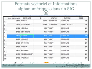 Formats vectoriel et Informations
alphanumériques dans un SIG
19
19
Année universitaire 2022/2023 Réalisé par: BRAHAMI Menaouer
Associate Professor, Systems Engineering Department
 