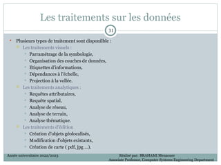 Les traitements sur les données
 Plusieurs types de traitement sont disponilble :
 Les traitements visuels :
 Parramétrage de la symbologie,
 Organisation des couches de données,
 Etiquettes d'informations,
 Dépendances à l'échelle,
 Projection à la vollée.
 Les traitements analytiques :
 Requêtes attributaires,
 Requête spatial,
 Analyse de réseau,
 Analyse de terrain,
 Analyse thématique.
 Les traitements d'édition
 Création d'objets géolocalisés,
 Modification d'objets existants,
 Création de carte ( pdf, jpg ...).
31
31
Année universitaire 2022/2023 Réalisé par: BRAHAMI Menaouer
Associate Professor, Computer Systems Engineering Department
 