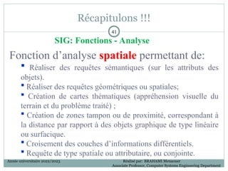 Récapitulons !!!
41
41
SIG: Fonctions - Analyse
Fonction d’analyse spatiale permettant de:
 Réaliser des requêtes sémantiques (sur les attributs des
objets).
 Réaliser des requêtes géométriques ou spatiales;
 Création de cartes thématiques (appréhension visuelle du
terrain et du problème traité) ;
 Création de zones tampon ou de proximité, correspondant à
la distance par rapport à des objets graphique de type linéaire
ou surfacique.
 Croisement des couches d’informations différentiels.
 Requête de type spatiale ou attributaire, ou conjointe.
Année universitaire 2022/2023 Réalisé par: BRAHAMI Menaouer
Associate Professor, Computer Systems Engineering Department
 
