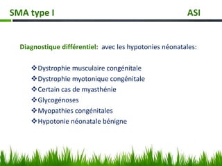 Diagnostique différentiel: avec les hypotonies néonatales:
Dystrophie musculaire congénitale
Dystrophie myotonique congénitale
Certain cas de myasthénie
Glycogénoses
Myopathies congénitales
Hypotonie néonatale bénigne
SMA type I ASI
 