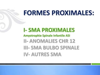 FORMES PROXIMALES:
I- SMA PROXIMALES
Amyotrophie Spinale Infantile ASI
II- ANOMALIES CHR 12
III- SMA BULBO SPINALE
IV- AUTRES SMA
 