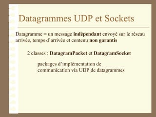 Datagrammes UDP et Sockets
2 classes : DatagramPacket et DatagramSocket
Datagramme = un message indépendant envoyé sur le réseau
arrivée, temps d’arrivée et contenu non garantis
packages d’implémentation de
communication via UDP de datagrammes
 