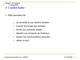 10
Chap.3: Les Sockets
I- Généralités
I- 1 socket (suite)
➢ Elles permettent de :
o se connecter à une machine distante ;
o recevoir et envoyer des données ;
o fermer une connexion établie ;
o attendre une connexion de l'extérieur ;
o écouter les communications entrantes ;
o utiliser un port.
Programmation Réseaux , SMI S6 H. SATORI
 