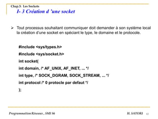 12
Chap.3: Les Sockets
I- 3 Création d ’une socket
➢ Tout processus souhaitant communiquer doit demander à son système local
la création d’une socket en spéciant le type, le domaine et le protocole.
#include <sys/types.h>
#include <sys/socket.h>
int socket(
int domain, /* AF_UNIX, AF_INET, ... */
int type, /* SOCK_DGRAM, SOCK_STREAM, ... */
int protocol /* 0 protocle par defaut */
);
Programmation Réseaux , SMI S6 H. SATORI
 