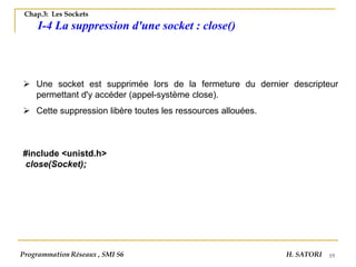 19
➢ Une socket est supprimée lors de la fermeture du dernier descripteur
permettant d'y accéder (appel-système close).
➢ Cette suppression libère toutes les ressources allouées.
#include <unistd.h>
close(Socket);
Programmation Réseaux , SMI S6 H. SATORI
Chap.3: Les Sockets
I-4 La suppression d'une socket : close()
 