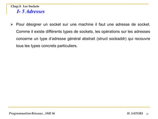 20
Chap.3: Les Sockets
I- 5 Adresses
➢ Pour désigner un socket sur une machine il faut une adresse de socket.
Comme il existe différents types de sockets, les opérations sur les adresses
concerne un type d’adresse général abstrait (struct sockaddr) qui recouvre
tous les types concrets particuliers.
Programmation Réseaux , SMI S6 H. SATORI
 