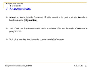 23
Chap.3: Les Sockets
I- Généralités
I- 4 Adresses (suite)
➢ Attention, les octets de l’adresse IP et le numéro de port sont stockés dans
l’ordre réseau (big-endian),
➢ qui n’est pas forcément celui de la machine hôte sur laquelle s’exécute le
programme.
➢ Voir plus loin les fonctions de conversion hôte/réseau.
Programmation Réseaux , SMI S6 H. SATORI
 