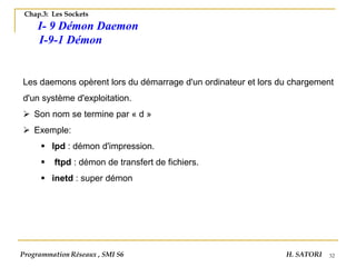 32
Chap.3: Les Sockets
I- 9 Démon Daemon
I-9-1 Démon
Les daemons opèrent lors du démarrage d'un ordinateur et lors du chargement
d'un système d'exploitation.
➢ Son nom se termine par « d »
➢ Exemple:
▪ lpd : démon d'impression.
▪ ftpd : démon de transfert de fichiers.
▪ inetd : super démon
Programmation Réseaux , SMI S6 H. SATORI
 