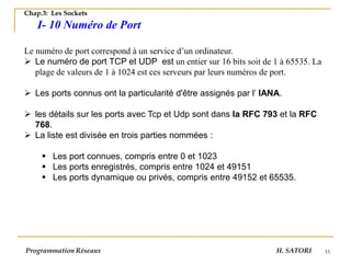 33
Le numéro de port correspond à un service d’un ordinateur.
➢ Le numéro de port TCP et UDP est un entier sur 16 bits soit de 1 à 65535. La
plage de valeurs de 1 à 1024 est ces serveurs par leurs numéros de port.
➢ Les ports connus ont la particularité d'être assignés par l’ IANA.
➢ les détails sur les ports avec Tcp et Udp sont dans la RFC 793 et la RFC
768.
➢ La liste est divisée en trois parties nommées :
▪ Les port connues, compris entre 0 et 1023
▪ Les ports enregistrés, compris entre 1024 et 49151
▪ Les ports dynamique ou privés, compris entre 49152 et 65535.
Programmation Réseaux H. SATORI
Chap.3: Les Sockets
I- 10 Numéro de Port
 