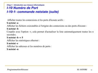 36
Chap.1: Introduction aux réseaux informatiques
I-10 Numéro de Port
I-10-1- commande netstate (suite)
Afficher toutes les connexions et les ports d'écoute actifs :
$ netstat -a
Afficher les fichiers exécutables à l'origine des connexions ou des ports d'écoute :
$ netstat -b
Couplée avec l'option -v, cela permet d'actualiser la liste automatiquement toutes les n
secondes.
$ netstat -b -v 5
Afficher les statistiques ethernet :
$ netstat -e
Afficher les adresses et les numéros de ports :
$ netstat -n
Programmation Réseaux H. SATORI
 