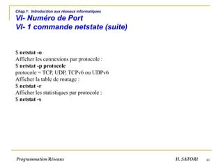 40
Chap.1: Introduction aux réseaux informatiques
VI- Numéro de Port
VI- 1 commande netstate (suite)
$ netstat -o
Afficher les connexions par protocole :
$ netstat -p protocole
protocole = TCP, UDP, TCPv6 ou UDPv6
Afficher la table de routage :
$ netstat -r
Afficher les statistiques par protocole :
$ netstat -s
Programmation Réseaux H. SATORI
 