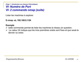 44
Chap.1: Introduction aux réseaux informatiques
VI- Numéro de Port
VI- 2 commande nmap (suite)
Lister les machines à explorer
$ nmap -sL 192.168.0.1/24
Exemple
➢ cette commande permet de lister les machines le réseau en question.
➢ La valeur 24 indique que les trois premières octets sont fixes et que seule le
dernier va varier.
Programmation Réseaux H. SATORI
 