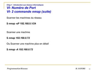 45
Chap.1: Introduction aux réseaux informatiques
VI- Numéro de Port
VI- 2 commande nmap (suite)
Scanner les machines du réseau
$ nmap -sP 192.168.0.1/24
Scanner une machine
$ nmap 192.168.0.72
Ou Scanner une machine plus en détail
$ nmap -A 192.168.0.72
Programmation Réseaux H. SATORI
 