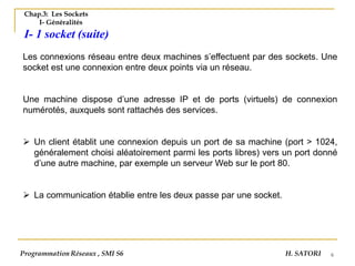 6
Chap.3: Les Sockets
I- Généralités
I- 1 socket (suite)
Les connexions réseau entre deux machines s’effectuent par des sockets. Une
socket est une connexion entre deux points via un réseau.
Une machine dispose d’une adresse IP et de ports (virtuels) de connexion
numérotés, auxquels sont rattachés des services.
➢ Un client établit une connexion depuis un port de sa machine (port > 1024,
généralement choisi aléatoirement parmi les ports libres) vers un port donné
d’une autre machine, par exemple un serveur Web sur le port 80.
➢ La communication établie entre les deux passe par une socket.
Programmation Réseaux , SMI S6 H. SATORI
 