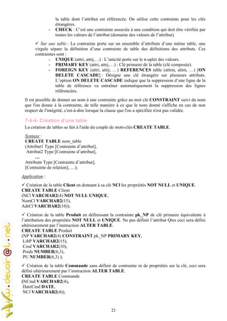 21
la table dont l’attribut est référencée. On utilise cette contrainte pour les clés
étrangères.
- CHECK : C’est une contrainte associée à une condition qui doit être vérifiée par
toutes les valeurs de l’attribut (domaine des valeurs de l’attribut).
Sur une table : La contrainte porte sur un ensemble d’attributs d’une même table, une
virgule sépare la définition d’une contrainte de table des définitions des attributs. Ces
contraintes sont :
- UNIQUE (attri, attrj,…) : L’unicité porte sur le n-uplet des valeurs.
- PRIMARY KEY (attri, attrj,…) : Clé primaire de la table (clé composée).
- FOREIGN KEY (attri, attrj, …) REFERENCES table (attrm, attrn, …) [ON
DELETE CASCADE] : Désigne une clé étrangère sur plusieurs attributs.
L’option ON DELETE CASCADE indique que la suppression d’une ligne de la
table de référence va entraîner automatiquement la suppression des lignes
référencées.
Il est possible de donner un nom à une contrainte grâce au mot clé CONSTRAINT suivi du nom
que l'on donne à la contrainte, de telle manière à ce que le nom donné s'affiche en cas de non
respect de l'intégrité, c'est-à-dire lorsque la clause que l'on a spécifiée n'est pas validée.
7-4-4- Création d’une table
La création de tables se fait à l'aide du couple de mots-clés CREATE TABLE.
Syntaxe :
CREATE TABLE nom_table
(Attribut1 Type [Contrainte d’attribut],
Attribut2 Type [Contrainte d’attribut],
…
Attributn Type [Contrainte d’attribut],
[Contrainte de relation], …);
Application :
Création de la table Client en donnant à sa clé NCl les propriétés NOT NULL et UNIQUE.
CREATE TABLE Client
(NCl VARCHAR2(4) NOT NULL UNIQUE,
NomCl VARCHAR2(15),
AdrCl VARCHAR2(10));
Création de la table Produit en définissant la contrainte pk_NP de clé primaire équivalente à
l’attribution des propriétés NOT NULL et UNIQUE. Ne pas définir l’attribut Qtes ceci sera défini
ultérieurement par l’instruction ALTER TABLE.
CREATE TABLE Produit
(NP VARCHAR2(4) CONSTRAINT pk_NP PRIMARY KEY,
LibP VARCHAR2(15),
Coul VARCHAR2(10),
Poids NUMBER(6,3),
PU NUMBER(6,3) );
Création de la table Commande sans définir de contrainte ni de propriétés sur la clé, ceci sera
défini ultérieurement par l’instruction ALTER TABLE.
CREATE TABLE Commande
(NCmd VARCHAR2(4),
DateCmd DATE,
NCl VARCHAR2(4));
 