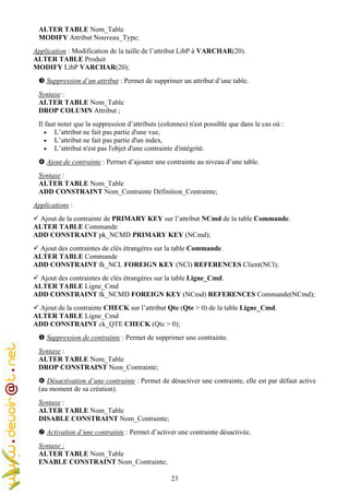 23
ALTER TABLE Nom_Table
MODIFY Attribut Nouveau_Type;
Application : Modification de la taille de l’attribut LibP à VARCHAR(20).
ALTER TABLE Produit
MODIFY LibP VARCHAR(20);
Suppression d’un attribut : Permet de supprimer un attribut d’une table.
Syntaxe :
ALTER TABLE Nom_Table
DROP COLUMN Attribut ;
Il faut noter que la suppression d’attributs (colonnes) n'est possible que dans le cas où :
• L’attribut ne fait pas partie d'une vue,
• L’attribut ne fait pas partie d'un index,
• L’attribut n'est pas l'objet d'une contrainte d'intégrité.
Ajout de contrainte : Permet d’ajouter une contrainte au niveau d’une table.
Syntaxe :
ALTER TABLE Nom_Table
ADD CONSTRAINT Nom_Contrainte Définition_Contrainte;
Applications :
Ajout de la contrainte de PRIMARY KEY sur l’attribut NCmd de la table Commande.
ALTER TABLE Commande
ADD CONSTRAINT pk_NCMD PRIMARY KEY (NCmd);
Ajout des contraintes de clés étrangères sur la table Commande.
ALTER TABLE Commande
ADD CONSTRAINT fk_NCL FOREIGN KEY (NCl) REFERENCES Client(NCl);
Ajout des contraintes de clés étrangères sur la table Ligne_Cmd.
ALTER TABLE Ligne_Cmd
ADD CONSTRAINT fk_NCMD FOREIGN KEY (NCmd) REFERENCES Commande(NCmd);
Ajout de la contrainte CHECK sur l’attribut Qte (Qte > 0) de la table Ligne_Cmd.
ALTER TABLE Ligne_Cmd
ADD CONSTRAINT ck_QTE CHECK (Qte > 0);
Suppression de contrainte : Permet de supprimer une contrainte.
Syntaxe :
ALTER TABLE Nom_Table
DROP CONSTRAINT Nom_Contrainte;
Désactivation d’une contrainte : Permet de désactiver une contrainte, elle est par défaut active
(au moment de sa création).
Syntaxe :
ALTER TABLE Nom_Table
DISABLE CONSTRAINT Nom_Contrainte;
Activation d’une contrainte : Permet d’activer une contrainte désactivée.
Syntaxe :
ALTER TABLE Nom_Table
ENABLE CONSTRAINT Nom_Contrainte;
 