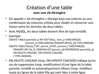 Création d’une table 
avec une clé étrangère 
• On appelle « clé étrangère » (foreign key) une colonne ou une 
combinaison de colonnes utilisée pour établir et conserver une 
liaison entre les données de deux tables. 
• Avec MySQL, les deux tables doivent être de type InnoDB. 
• Exemple : 
CREATE TABLE parent(id_p INT NOT NULL, nom_p VARCHAR(20) 
prenom_p VARCHAR(20),PRIMARY KEY(id_p)) TYPE=INNODB; 
CREATE TABLE fille(id_f INT, parent_id INT, prenom_f VARCHAR(20) 
PRIMARY KEY (id_f), FOREIGN KEY (parent_id) REFERENCES parent(id_p) 
ON DELETE CASCADE ON UPDATE CASCADE 
) TYPE=INNODB; 
• ON DELETE CASCADE (resp. ON UPDATE CASCADE) indique qu'en 
cas de suppression (resp. modification) d'une ligne de la table 
parente, InnoDB va automatiquement effacer (resp. modifier) 
toute les lignes de la table fille qui sont liées à cette ligne. 
 