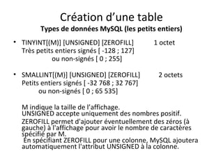 Création d’une table 
Types de données MySQL (les petits entiers) 
• TINYINT[(M)] [UNSIGNED] [ZEROFILL] 1 octet 
Très petits entiers signés [ -128 ; 127] 
ou non-signés [ 0 ; 255] 
• SMALLINT[(M)] [UNSIGNED] [ZEROFILL] 2 octets 
Petits entiers signés [ -32 768 ; 32 767] 
ou non-signés [ 0 ; 65 535] 
M indique la taille de l’affichage. 
UNSIGNED accepte uniquement des nombres positif. 
ZEROFILL permet d'ajouter éventuellement des zéros (à 
gauche) à l'affichage pour avoir le nombre de caractères 
spécifié par M. 
En spécifiant ZEROFILL pour une colonne, MySQL ajoutera 
automatiquement l'attribut UNSIGNED à la colonne. 
 