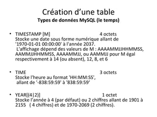 Création d’une table 
Types de données MySQL (le temps) 
• TIMESTAMP [M] 4 octets 
Stocke une date sous forme numérique allant de 
'1970-01-01 00:00:00' à l'année 2037. 
L'affichage dépend des valeurs de M : AAAAMMJJHHMMSS, 
AAMMJJHHMMSS, AAAAMMJJ, ou AAMMJJ pour M égal 
respectivement à 14 (ou absent), 12, 8, et 6 
• TIME 3 octets 
Stocke l'heure au format 'HH:MM:SS', 
allant de '-838:59:59' à '838:59:59‘ 
• YEAR[(4|2)] 1 octet 
Stocke l’année à 4 (par défaut) ou 2 chiffres allant de 1901 à 
2155 ( 4 chiffres) et de 1970-2069 (2 chiffres). 
 