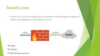 Security zone
 Security Zone: une zone est un groupe d’une ou de plusieurs interfaces physiques ou logiques sur
laquelle on peut appliquer une même politique de sécurité,
 INISDE
 OUTSIDE
 DMZ (Demilitarized Zone)
 