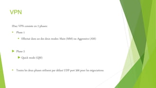 VPN
IPsec VPN consiste en 2 phases:
 Phase 1
 Effectué dans un des deux modes: Main (MM) ou Aggressive (AM)
 Phase 2
 Quick mode (QM)
 Toutes les deux phases utilisent par défaut UDP port 500 pour les négociations
 