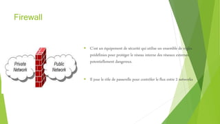 Firewall
 C’est un équipement de sécurité qui utilise un ensemble de règles
prédéfinies pour protéger le réseau interne des réseaux externes
potentiellement dangereux.
 Il joue le rôle de passerelle pour contrôler le flux entre 2 networks
 