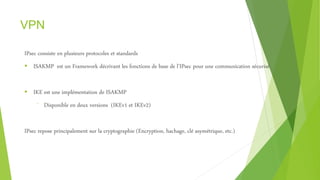 VPN
IPsec consiste en plusieurs protocoles et standards
 ISAKMP est un Framework décrivant les fonctions de base de l’IPsec pour une communication sécurisé
 IKE est une implémentation de ISAKMP
⁻ Disponible en deux versions (IKEv1 et IKEv2)
IPsec repose principalement sur la cryptographie (Encryption, hachage, clé asymétrique, etc.)
 