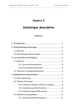 Mathématiques : Outils pour la Biologie – Deug SV1 – UCBL

D. Mouchiroud (17/10/2002)

......................................................................................................................................................................................................

Chapitre 5

Statistique descriptive
Sommaire

1. Introduction…………………………………………………………………………….…3
2. Echantillonnage statistique……………………………………………………..3
2.1. Définition…..………………………………………………………….……………………………...3
2.2. Echantillonnage aléatoire simple………………………………………….…………..4

3. Les caractères statistiques…………………………………………………....4
3.1. Définition…..………………………………………………………….……………………………...4

3.1.1. Les caractères qualitatifs………………………………………………..….5
3.1.2. Les caractères quantitatifs ……………………………………………….6
3.2. Liens avec les concepts probabilistes……………………………………………..6

4. Représentation des données………………………………………………......7
4.1. Séries statistiques ………………………………………………………….………………....7
4.2. Tableaux statistiques………………………….……………………………………………..8

4.2.1. Fréquences absolues, relatives et cumulées………………..….8
4.2.2. Caractères quantitatifs discrets …………………………………….8
4.2.3. Caractères quantitatifs continus …………………………………...9
4.3. Représentations graphiques……………………………………………….……………11

4.3.1. Caractères quantitatifs discrets………………..……………….….11
1

 