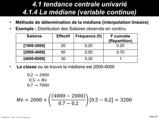 HORIZON® - CIPE / Tous Droits Réservés diapo 62
4.1 tendance centrale univarié
4.1.4 La médiane (variable continue)
• Méthode de détermination de la médiane (interpolation linéaire)
• Exemple : Distribution des Salaires observés en continu
• La classe ou se trouve la médiane est 2000-4000
Salaires Effectif Fréquence (fi) F cumulée
(Répartition)
[1000-2000[ 20 0,20 0.20
[2000-4000[ 50 0,50 0.70
[4000-6000[ 30 0,30 1
0.2 → 2000
0.5 → 𝑀𝑒
0.7 → 7000
𝑀é = 2000 +
4000 − 2000
0.7 − 0.2
[0.5 − 0.2] = 3200
 