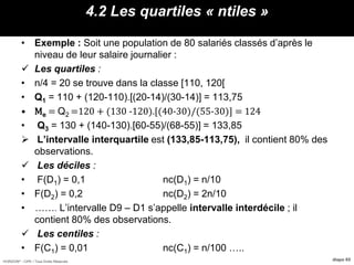 HORIZON® - CIPE / Tous Droits Réservés diapo 65
4.2 Les quartiles « ntiles »
• Exemple : Soit une population de 80 salariés classés d’après le
niveau de leur salaire journalier :
 Les quartiles :
• n/4 = 20 se trouve dans la classe [110, 120[
• Q1 = 110 + (120-110).[(20-14)/(30-14)] = 113,75
• Me = Q2 =120 + (130 -120).[(40-30)/(55-30)] = 124
• Q3 = 130 + (140-130).[60-55)/(68-55)] = 133,85
 L’intervalle interquartile est (133,85-113,75), il contient 80% des
observations.
 Les déciles :
• F(D1) = 0,1 nc(D1) = n/10
• F(D2) = 0,2 nc(D2) = 2n/10
• ……. L’intervalle D9 – D1 s’appelle intervalle interdécile ; il
contient 80% des observations.
 Les centiles :
• F(C1) = 0,01 nc(C1) = n/100 …..
 
