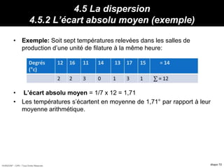HORIZON® - CIPE / Tous Droits Réservés diapo 72
4.5 La dispersion
4.5.2 L’écart absolu moyen (exemple)
• Exemple: Soit sept températures relevées dans les salles de
production d’une unité de filature à la même heure:
• L’écart absolu moyen = 1/7 x 12 = 1,71
• Les températures s’écartent en moyenne de 1,71° par rapport à leur
moyenne arithmétique.
Propriétés :
et que :
 