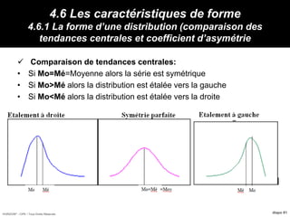 HORIZON® - CIPE / Tous Droits Réservés diapo 81
4.6 Les caractéristiques de forme
4.6.1 La forme d’une distribution (comparaison des
tendances centrales et coefficient d’asymétrie
 Comparaison de tendances centrales:
• Si Mo=Mé=Moyenne alors la série est symétrique
• Si Mo>Mé alors la distribution est étalée vers la gauche
• Si Mo<Mé alors la distribution est étalée vers la droite
 