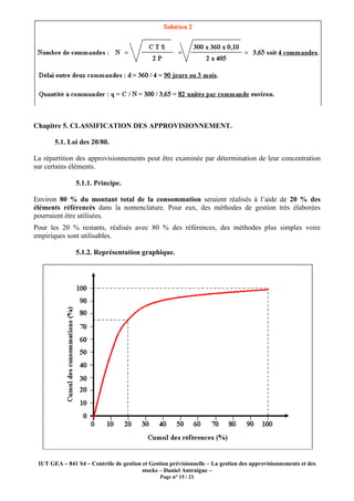 IUT GEA – 841 S4 – Contrôle de gestion et Gestion prévisionnelle – La gestion des approvisionnements et des
stocks – Daniel Antraigue –
Page n° 15 / 21
Chapitre 5. CLASSIFICATION DES APPROVISIONNEMENT.
5.1. Loi des 20/80.
La répartition des approvisionnements peut être examinée par détermination de leur concentration
sur certains éléments.
5.1.1. Principe.
Environ 80 % du montant total de la consommation seraient réalisés à l’aide de 20 % des
éléments référencés dans la nomenclature. Pour eux, des méthodes de gestion très élaborées
pourraient être utilisées.
Pour les 20 % restants, réalisés avec 80 % des références, des méthodes plus simples voire
empiriques sont utilisables.
5.1.2. Représentation graphique.
 