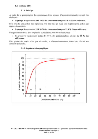 IUT GEA – 841 S4 – Contrôle de gestion et Gestion prévisionnelle – La gestion des approvisionnements et des
stocks – Daniel Antraigue –
Page n° 16 / 21
5.2. Méthode ABC.
5.2.1. Principe.
A partir de la concentration des commandes, trois groupes d’approvisionnements peuvent être
distingués :
• le groupe A représentant 60 à 70 % des consommations pour 5 à 10 % des références.
Pour ceux-là, une gestion très rigoureuse peut être mise en place afin d’optimiser la gestion des
approvisionnements.
• le groupe B représentant 25 à 30 % des consommations pour 25 à 30 % des références.
Une gestion des stocks plus souple que la précédente peut être mise en place
• le groupe C représentant moins de 10 % des consommations et plus de 60 % des
références.
Une gestion des stocks n’est pas nécessaire, le réapprovisionnement devra être effectué sur
demande ponctuelle.
5.2.2. Représentation graphique.
 